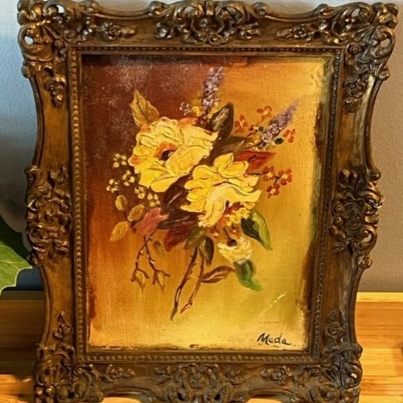 Vintage oil painting yellow rose signed artist Mada kitschy painting MCM*READ - Picture 1 of 4